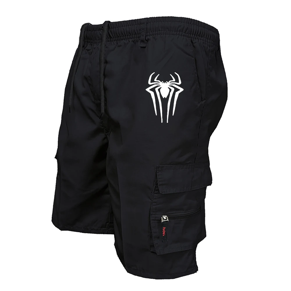 Cycling Bib Shorts - กางเกงขาสั้นคาร์โก้พิมพ์ลายแมงมุมสำหรับผู้ชายกลางแจ้งกางเกงกางเกงขาสั้นขี่จักรยานเอวยางยืดมีหลายกระเป๋าทรงหลวมสำหรับใส่ทำงานชายหาดกางเกงกีฬา